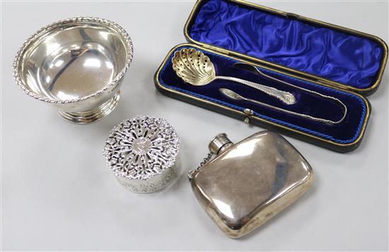 A Victorian silver hip flask, a silver bowl, a silver pot pourri box and a cased silver sifter spoon and tongs.